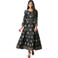 W For Woman Black Floral Printed Synthetic Maxi Dress With Gold Foil Print