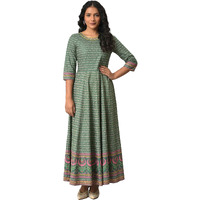 W For Woman Women's Viscose Leaf Green Glitter Printed Kalidar Dress Ankle Length 22Auw18356-119191