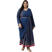 W For Woman Dark Blue Glitter Printed Festive Plus Size Insta Saree Dress_22Auw18360G-119968_5Xl