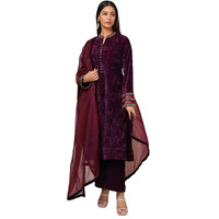 Soch Womens Wine Velvet Embroidered Suit Set With Beads And Stones