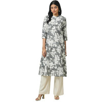 Soch Womens Grey Muslin Floral Print Kurta
