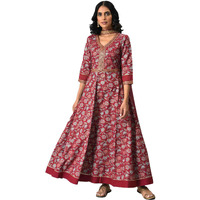 Aurelia Women's Viscose Maroon Floral Printed Regular Fit Kurta Set With Zari Embroidery Liva Dress And Dupatta_22Auas13516-506029_S