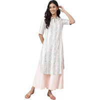 Aurelia Women Liva Off-White Yarn-Dyed Stripe Kurta With Light Pink Culottes_22Auas13444-701447_S