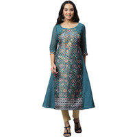 Aurelia Women's Blue Floral Printed Printed Sequin Regular Kurta