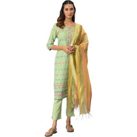 Aurelia Geometric Printed Green Rayon Kurta Dupatta Bottomwear With Sequins