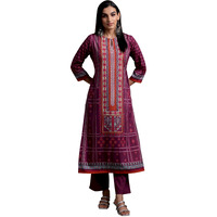 Libas Women Poly Crepe Burgundy Printed Straight Kurta Set With Trousers, Xl