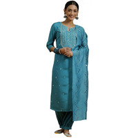 Libas Gerua Womens Embroidered Silk Blend Straight Kurta With Salwar And Dupatta