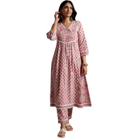 Libas Womens Printed Cotton A-Line Kurta With Palazzos