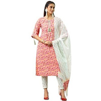 Libas Womens Printed Cotton Straight Kurta With Palazzos And Dupatta