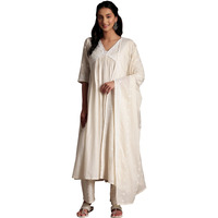 Libas Womens Embroidered Cotton A-Line Kurta With Palazzos And Dupatta