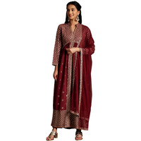 Libas Womens Embroidered Georgette A-Line Kurta With Trousers And Dupatta