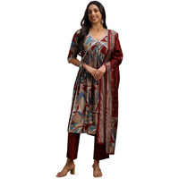 Libas Womens Printed Silk Blend A-Line Kurta With Trousers And Dupatta