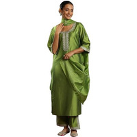 Libas Gerua Womens Yoke Design Silk Blend Straight Kurta With Trousers And Dupatta