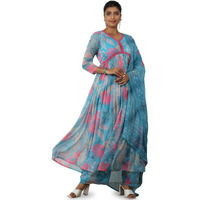 Libas Womens Printed Chiffon A-Line Kurta With Palazzos And Dupatta