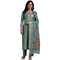 Libas Womens Embroidered Silk Blend Straight Kurta With Trousers And Dupatta