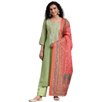 Libas Womens Printed Silk Blend Straight Kurta With Trousers And Dupatta