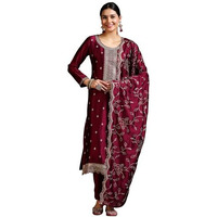 Libas Womens Embroidered Silk Blend Straight Kurta With Trousers And Dupatta