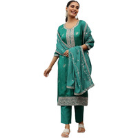 Libas Womens Woven Design Silk Blend Straight Kurta With Palazzos And Dupatta