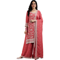 Libas Womens Embroidered Silk Blend Straight Kurta With Palazzos And Dupatta