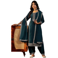 Libas Womens Embroidered Silk Blend Straight Kurta With Dhoti Pant And Dupatta