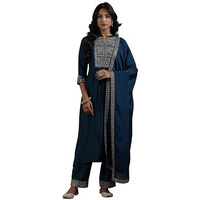 Libas Womens Yoke Design Silk Blend A-Line Kurta With Palazzos And Dupatta