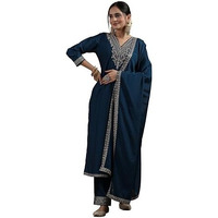 Libas Womens Yoke Design Silk Blend Straight Kurta With Trousers And Dupatta