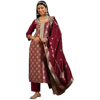 Libas Womens Woven Design Silk Blend Straight Kurta With Trousers And Dupatta