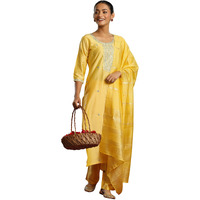 Libas Gerua Womens Embroidered Silk Blend Straight Kurta With Trousers And Dupatta
