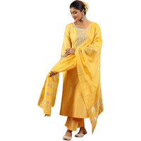 Libas Gerua Womens Embroidered Silk Blend Straight Kurta With Trousers And Dupatta