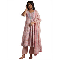 Libas Womens Printed Cotton A-Line Kurta With Palazzos And Dupatta