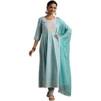 Libas Womens Printed Cotton A-Line Kurta With Churidar And Dupatta