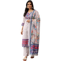 Libas Womens Printed Linen Straight Kurta With Trousers And Dupatta