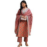 Libas Womens Printed Cotton A-Line Kurta With Trousers And Dupatta