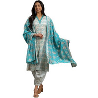 Libas Womens Printed Silk Blend Straight Kurta With Salwar And Dupatta