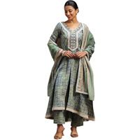 Libas Womens Printed Silk Blend A-Line Kurta With Trousers And Dupatta