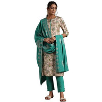 Libas Womens Printed Silk Blend Straight Kurta With Trousers And Dupatta