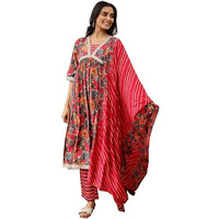 Libas Womens Printed Silk Blend A-Line Kurta With Trousers And Dupatta