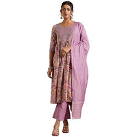 Libas Womens Printed Silk Blend A-Line Kurta With Trousers And Dupatta