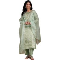 Libas Womens Printed Organza Straight Kurta With Trousers And Dupatta