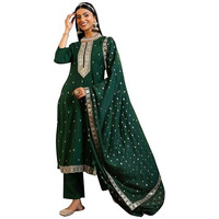 Libas Women's Silk Blend Self Design Kurta Set (48679_Green
