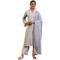 Libas Womens Printed Silk Blend Straight Kurta With Trousers And Dupatta