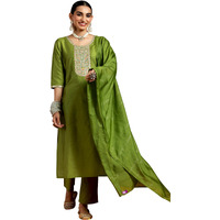 Libas Gerua Womens Yoke Design Silk Blend Straight Kurta With Trousers And Dupatta