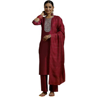 Libas Gerua Womens Yoke Design Silk Blend Straight Kurta With Trousers And Dupatta