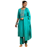 Libas Gerua Womens Embroidered Silk Blend Straight Kurta With Trousers And Dupatta