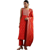 Libas Womens Woven Design Silk Blend Straight Kurta With Trousers And Dupatta