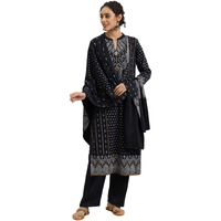Libas Womens Printed Wool Straight Kurta With Trousers And Dupatta