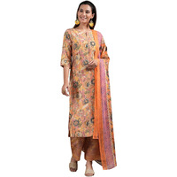 Libas Womens Printed Silk Blend Straight Kurta With Palazzos And Dupatta Orange