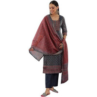 Libas Womens Printed Silk Blend Straight Kurta With Trousers And Dupatta