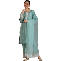 Libas Womens Self Design Silk Blend Straight Kurta With Palazzos And Dupatta