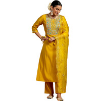 Libas Gerua Womens Yoke Design Silk Blend Straight Kurta With Trousers And Dupatta